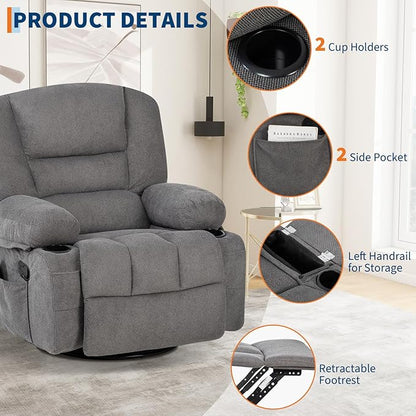 Rocker Recliner Chairs for Adults w/Vibration Massage and Heating,360° Swivel Rocker Glider Recliner,Extra Wide Manual Lazy Chair,Chenille Fabric Sofa Chair for Living Room,Bedroom Grey