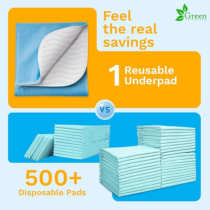 GREEN LIFESTYLE Washable Underpads - LARGE INCONTINENCE & Pet Pads, REUSABLE FOR Dogs, Cats, BUNNIES & Seniors (Pack of 6 - 34x36 INCHES)