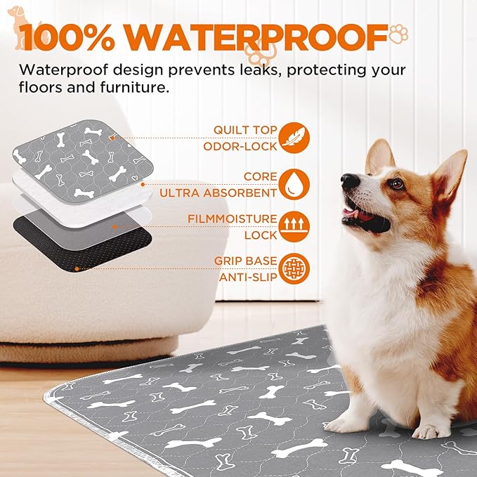 Washable Pee Pad for Dogs, 2 Pack Large Reusable Puppy Pads, 36"x72" | Super Absorbent, Waterproof & Leakproof, Non-Slip Bottom, Machine Washable, For Floors, Beds, Couches, Crates, Carpets, Cars