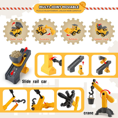 Asoxt 43-Piece Construction Sensory Playset – 2 lbs Play Sand, 4 DIY Trucks, Crane & Road Signs – Creative Sandbox Toy for Kids Ages 3+