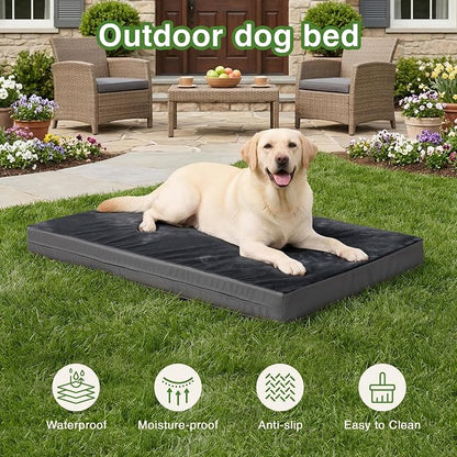 Waterproof XXL Dog Bed, Outdoor Washable Orthopedic Large Crate Pad 48" | Jumbo Pet Bed Foam, Reversible Faux Leather & Flannel, Durable Removable Cover, Anti-Slip Kennel Pad 47"x29" Dark Gray