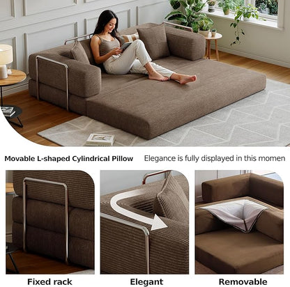 78.8''Convertible Sleeper Sofa Bed,Compressed Floor Boneless Couch,Modular Modern Corduroy Sofa for Living Room Bedroom -with Fixed-Shape Frame and Support Armrest,Easy Assembly(Brown)