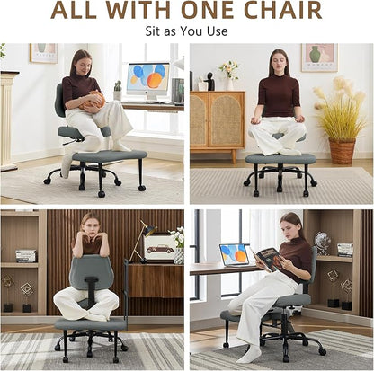 Ergonomic Cross Legged Office Chair, Criss Cross Chair with Wheels, 360°Swivel ADHD Meditation Kneeling Yoga Seat with Adjustable Height, Ergonomic Back Support and Leg Rest, Leather (Gray)