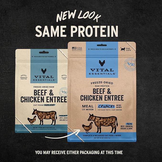 Vital Essentials Freeze-Dried Raw Beef & Chicken Meal or Mixer Cat Food Crunchy Nibs, 12 oz