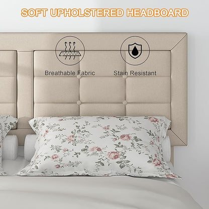 VECELO Full Size Bed Frame with Adjustable Headboard, Upholstered Button Tufted Platform Bedframe with Wood Slats Support, No Box Spring Needed, Beige
