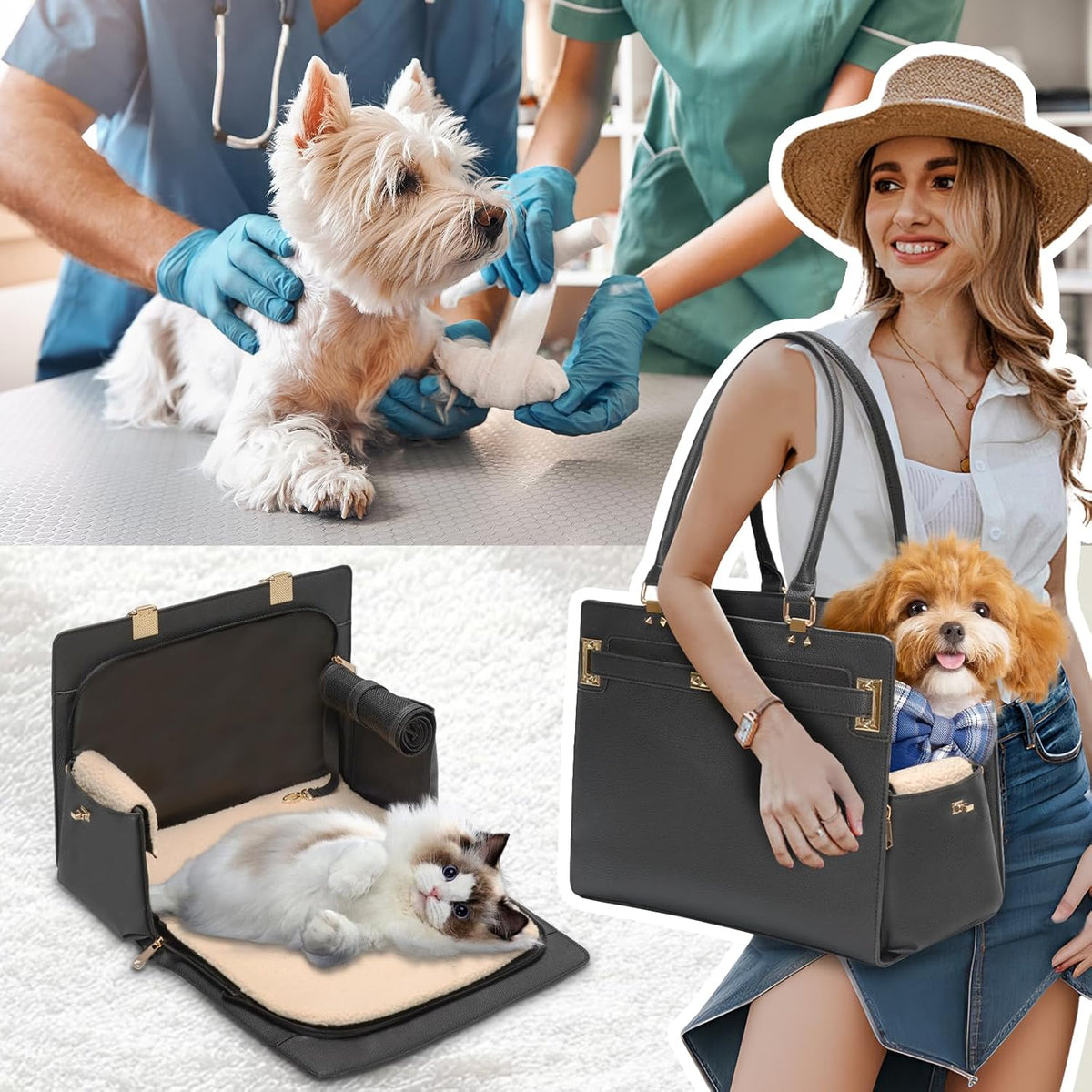 2-in-1 Stylish Dog Purse Carrier Soft-Sided Carriers Travel Tote Bag for Small Dogs Cats, Fashion Foldable Pet Bag for Puppies Small Animals with Pockets (Black, 15" L x 7.5" W x 12.2" H)