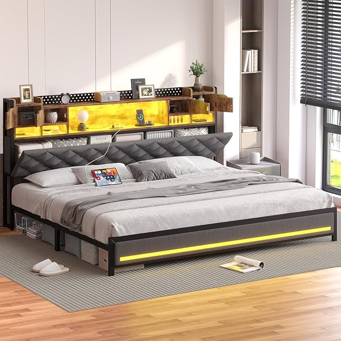 King Bed Frame with Upholstered Headboard, Bed Frame King Size with Hidden Storage,3-Tier Storage Shelves, LED Lights and Charging Station, King Bed with Noise-Free, No Box Spring Needed, Gray