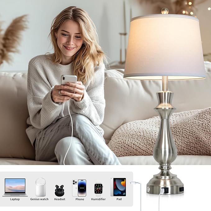 Modern Silver Table Lamps Set of 2 for Living Room,30" Tall Bedside Lamp with USB Charging Port,3-Way Dimmable Touch Nightstand Lamp for Bedroom Desk Side Table Office,Silver