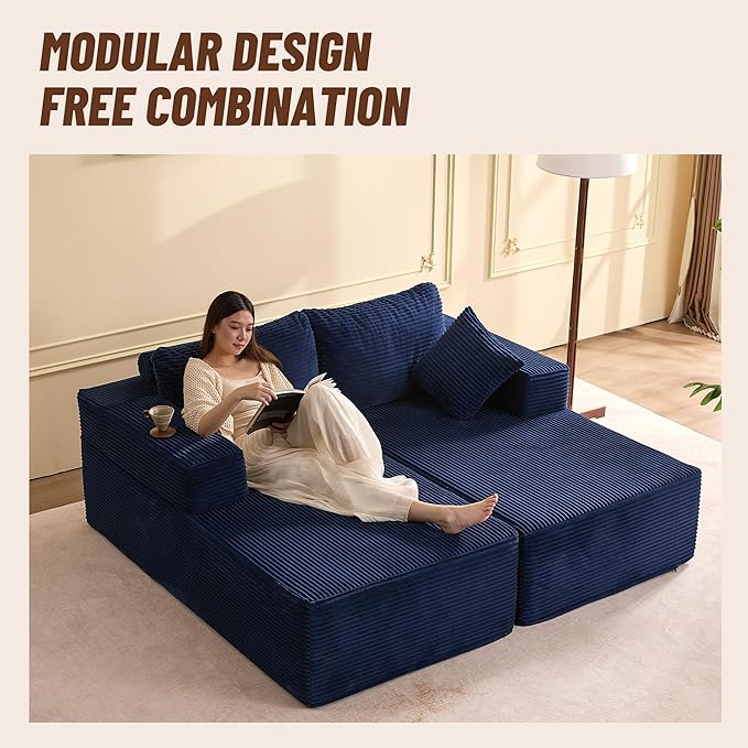 Chaise Lounge Chair, Boneless Couch for Living Room and Bedroom, Sleeper Couches Reading Chairs, Corduroy, Blue