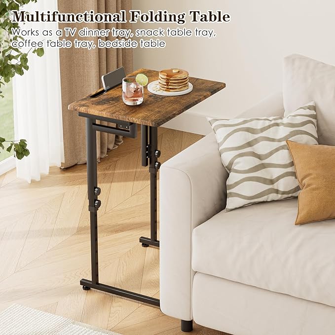 Fleecy day Adjustable Folding TV Tray Table,TV Dinner Small Foldable C-Shaped End Table for Eating,6 Height Adjustable Slide Under Couch Side with Sturdy MDF Top,No Assembly(Brown)