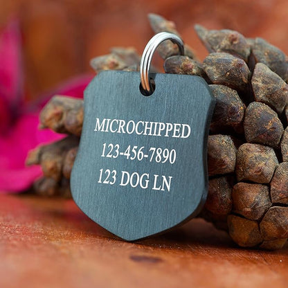 Ultra Joys Cat ID Tag Personalized Pet Tags, Durable Stainless Steel Small Pet Mini Dog Cat Tag Lightweight - Shield Tag in Black