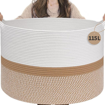 INDRESSME 115L Extra Large Cotton Rope Basket, Woven Baby laundry Blanket Basket for Home Decor Living Room Nursery, Toy Storage Baskets for Kids Boys Girls, White & Camel Mix