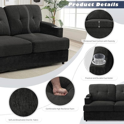 89" Chenille 3 Seats Sofa with Built-in Cup Holder, Tufted Modern Couch with Thickened Seat Cushions, Soft Upholstered Sofa with Deep Seating Space for Living Room, Apartment, Dark Grey