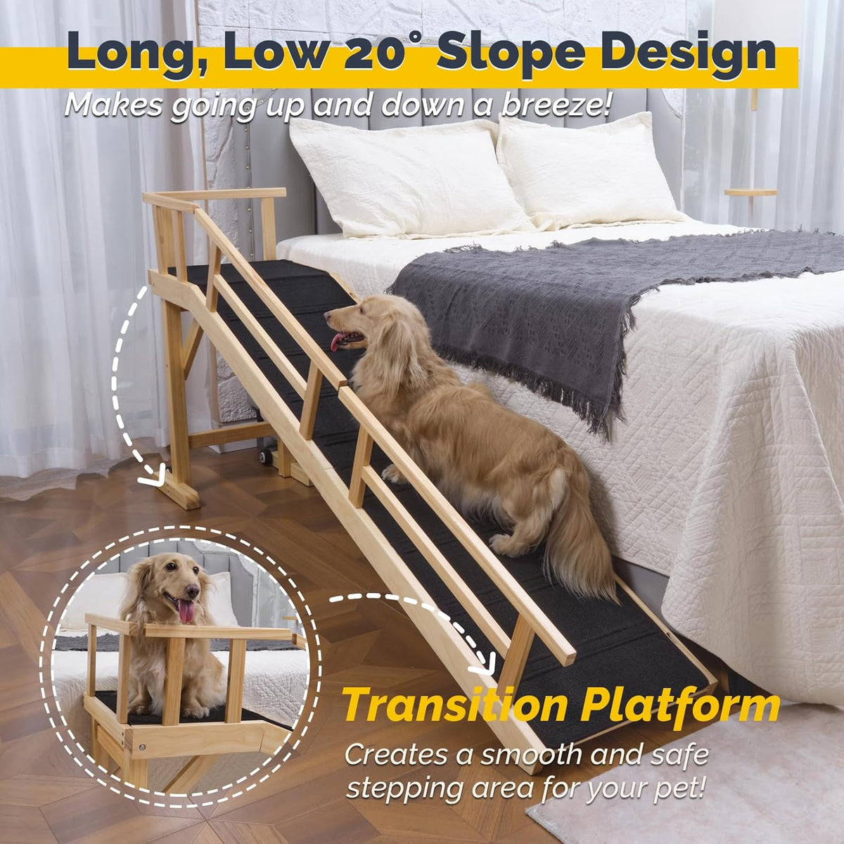 Dog Ramp for Bed or Couch, Wooden Pet Ramp with 20° Gentle Slope, Removable Side Rails, Non-Slip Surface, Top Platform & Wheels, Safe Bed Ramp for Small, Medium & Senior Dogs, 74" Long, Natural