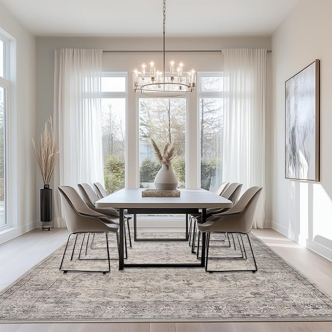 Neutral Grey 9x12 Large Rugs for Living Room Washable Modern Area Rugs Soft Faux Fur Low Pile Non Slip Stain Resistant Vintage Euro Floral Boho Medallion Carpet Rug for Bedroom Dining Room Family Room