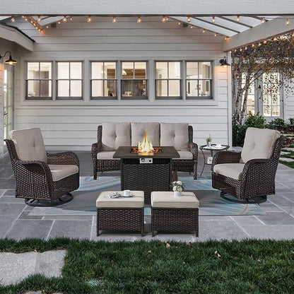 Belord Outdoor Patio Furniture Set with Propane Fire Pit Table, 7 Pieces Wicker Patio Conversation Set with 2 Swivel Glider Rocker Chair Rattan Sofa Beige Cushion Perfect for Casual Gathering