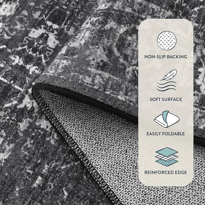 Lahome Area Rugs 9x12 Living Room Soft Large Rugs for Bedroom, Boho Black Dining Room Rug, Distressed Non Slip Low Pile Carpet for Indoor Home Office(9'x12', Black/Grey)