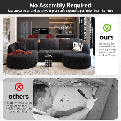 111" Modular Sectional Couches Luxury Modern Curved Back U-Shape Sofa Set with Ottoman,Minimalist Comfy Boneless Cloud Couch for Living Room Apartment,(Left Facing Chaise,Black)