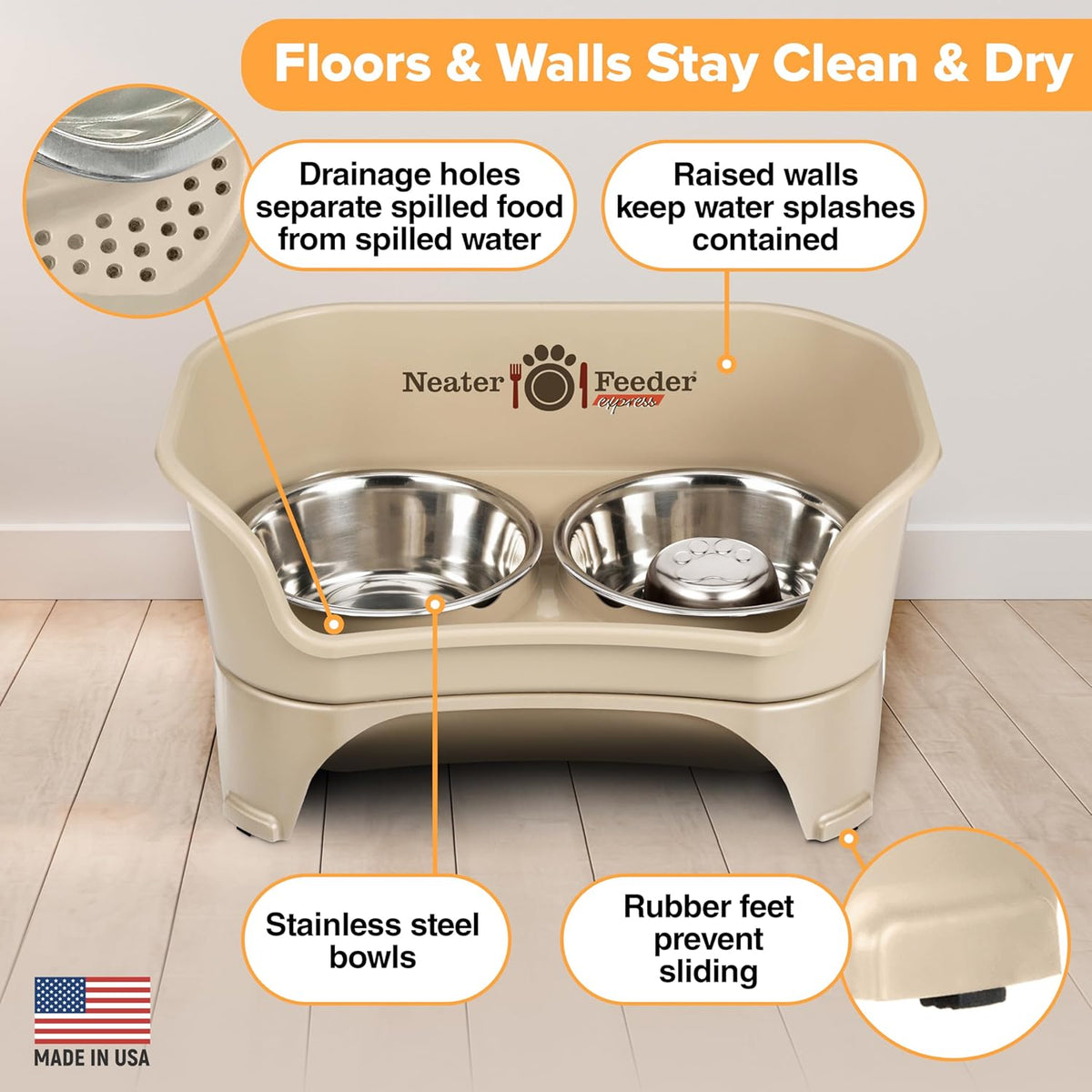 Neater Feeder - Express Model w/ Slow Feed Bowl - Mess-Proof Dog Bowls (M/L, Almond) Made in USA – Elevated, No Spill, Non-Tip, Non-Slip, Raised Stainless Steel Food/Water Pet Bowls Aid Digestion