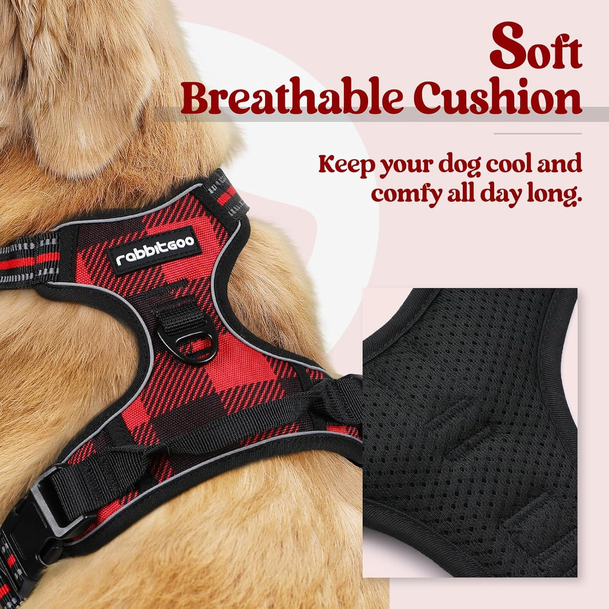rabbitgoo Dog Harness No Pull with 2 Leash Clips, Adjustable Soft Padded, Reflective Oxford No Choke Pet Vest with Easy Control Handle for Medium Sized Dogs, Red Plaid, M