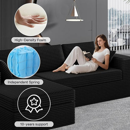 luckyvo 108-inch Boneless Couch for Living Room，Comfy Boneless Sofa with Deep Seats & Chaise Lounge, 3-Seat Modular Sofa Memory Foam Sectional Couches - No Assembly Required(Dark Black)