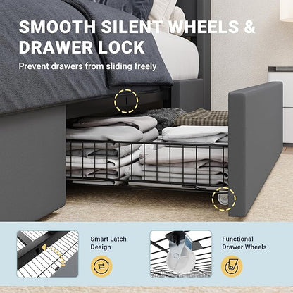 Allewie King Size Velvet Bed Frame with 3 Storage Drawers, Upholstered Platform Bed with Wingback Storage Headboard and USB Ports, No Box Spring Needed, Easy Assembly, Grey