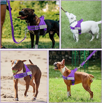 SlowTon No Pull Dog Harness with Front Clip - Heavy Duty, Soft Padded | Neck & Chest Adjustable, Tactical Pet Vest and Leash Set for Large Medium Sized Dogs, for Easy Walk & Training, Purple L