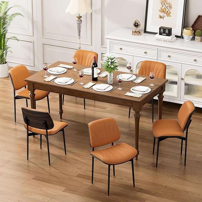 YaFiti Dining Chairs Set of 8, Mid Century Modern Dining Room and Kitchen Chairs, Upholstered PU Leather Chairs with Walnut Bentwood and Metal Legs, Orange