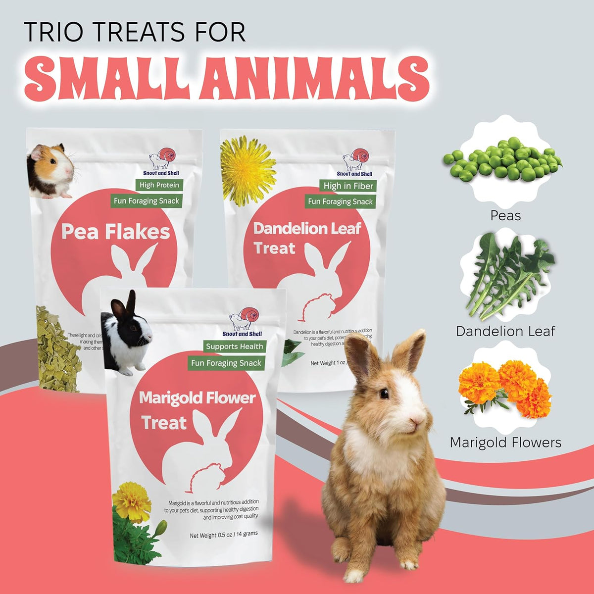 Snout and Shell Small Animal Treats – Pea Flakes, Dandelion Leaf (1oz), Marigold Flowers (0.5oz) – Natural Foraging Snacks for Rabbits, Guinea Pigs, Chinchillas, Hamsters & More
