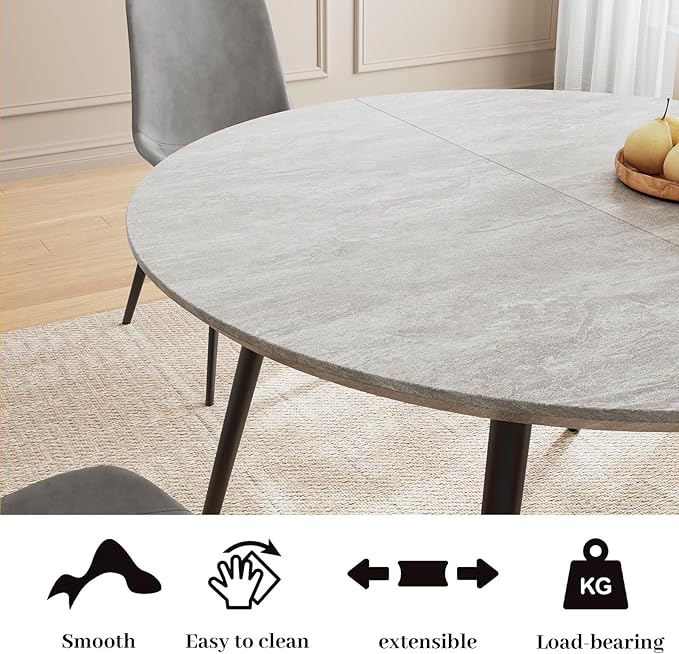43.3"-59.1" Extendable Dining Table Set with Metal Legs, Wooden Round Kitchen Table for 4-6 Person, Gray Coffee Table w/Easy-Clean Tabletop