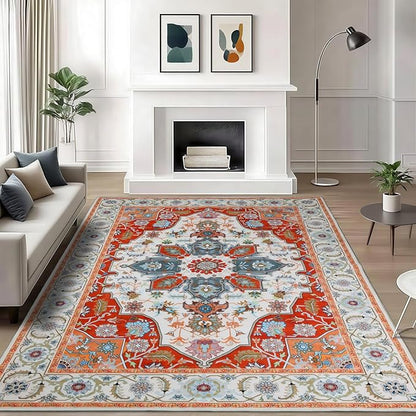 WILLSUN Washable Area Rugs, 5x7 Non-Slip Boho Large Area Rugs for Living Room, Bedroom, Machine Washable Vintage Rug, Indoor Floral Print Carpet for Home Decor, Kid & Pet Friendly Mat