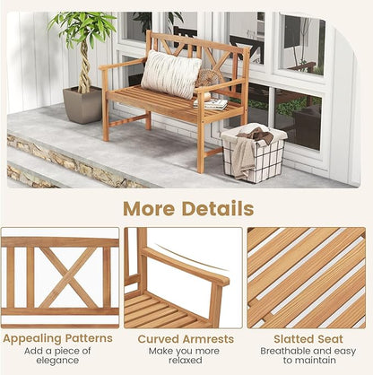 COSTWAY Outdoor Wooden Bench, Outdoor Acacia Wood Loveseat with Curved Armrest & Backrest, Sturdy Wood Bench for Garden, Park & Porch, 47.5"x 22" x 34”