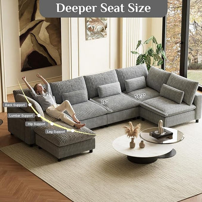 130" W x 67" D U Shape Sectional Sofa with USB Charging & Cup Holder & Storage, 6 Seater Plush Corduroy Couches with Movable Ottoman, Cloud Couch Sofas for Living Room, DIY Combination - Grey