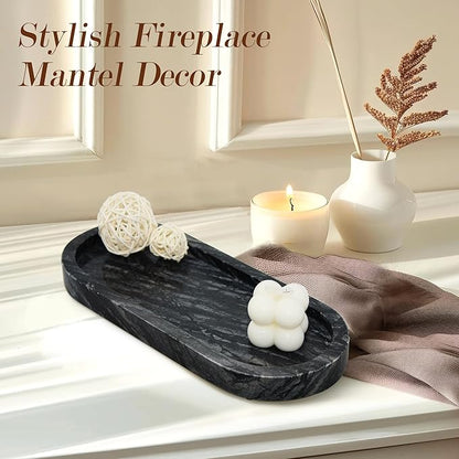 100% Real Natural Marble Tray for Bathroom, Luxury Ancient Wood Grain Stone Vanity Tray, Decorative Oval Trays for Countertop Storage Organizer, Vanity Dresser Kitchen Home Decor, Black