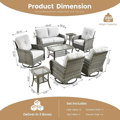 8-Piece Wicker Patio Furniture Set, All-Weather Rattan Conversation Bistro Loveseat Chair and Patio Rockers Set for Backyard, Balcony and Deck with Soft Cushions and Metal Table(Grey)