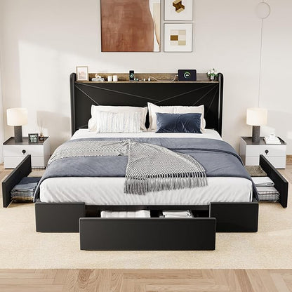 Allewie King Size Velvet Bed Frame with 3 Storage Drawers, Upholstered Platform Bed with Wingback Storage Headboard and USB Ports, No Box Spring Needed, Easy Assembly, Black