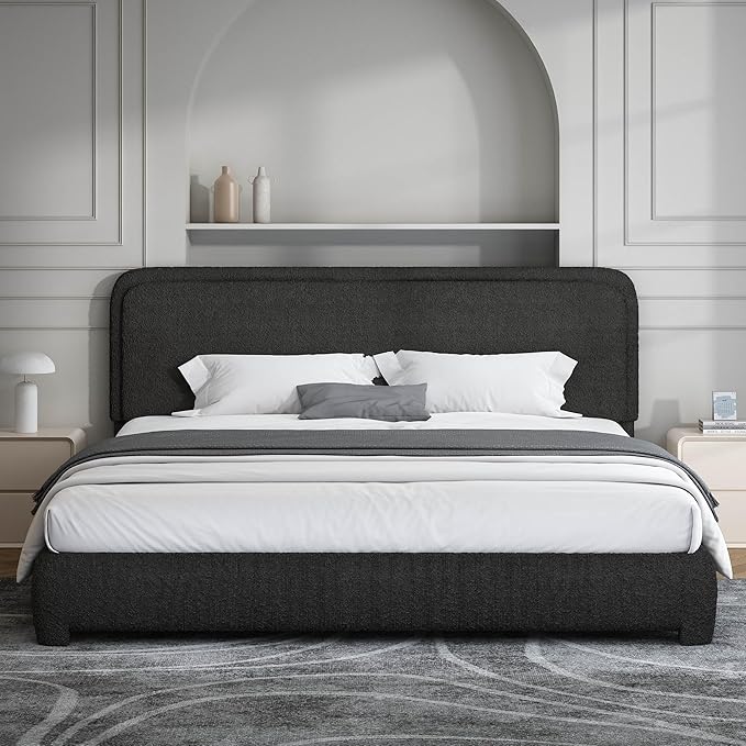 BarnFurin King Size Boucle Bed Frame and Headboard, Cloud Upholstered Platform Bed Frame, Soft Rounded Corners, Modern Style, No Box Spring Required, Easy Assembly, Black