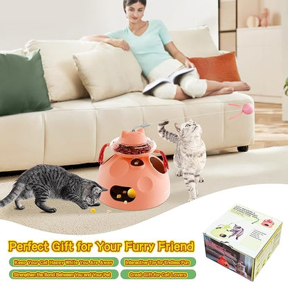 4-in-1 Cat Toys, Interactive Cat Toy with Track Balls, Fluttering Feathers, Slow Food Dispenser, Fun & Engaging Toys for Bored Indoor Cats, Durable & Safe Interactive (Pink)