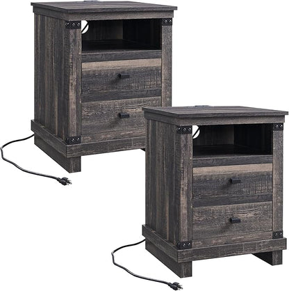 RedLemon Farmhouse Nightstand Set of 2 with Charging Station, 18" Rustic Night Stand with 2 Storage Drawers, Wood End Table for Bedroom, Living Room, Dark Rustic Oak