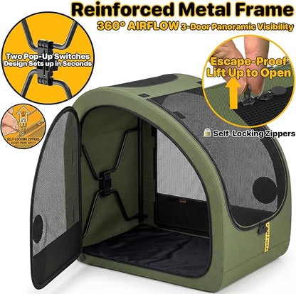 PAWZIDEA Portable Dog Crate for Car Travel, Medium & Large Dogs Up to 80lbs | Soft-Sided Dog Car Kennel for Backseat, Secures Seatbelt & Headrest Strap, Collapsible Enclosed Car Seat Carrier, Chew-Proof