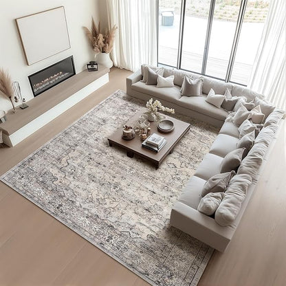 Neutral Grey 9x12 Large Rugs for Living Room Washable Modern Area Rugs Soft Faux Fur Low Pile Non Slip Stain Resistant Vintage Euro Floral Boho Medallion Carpet Rug for Bedroom Dining Room Family Room