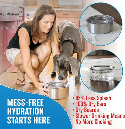 Tritan Plastic Dripless Water Bowl with Lid – Holds 1 Gal, Reduces Spills & Trails Up to 85%+, Water Bowl for Medium Breed Dogs (21-50 lbs), The Original Slobber Stopper