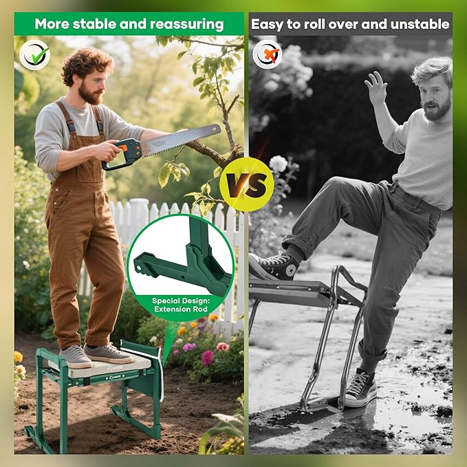 Saker Garden Kneeler and Seat Foldable Gardening Stool with Extendable Legs & Thickened Pad, Tool/Storage Bag, Heavy Duty Support for Elderly, Gardening, Outdoor Use