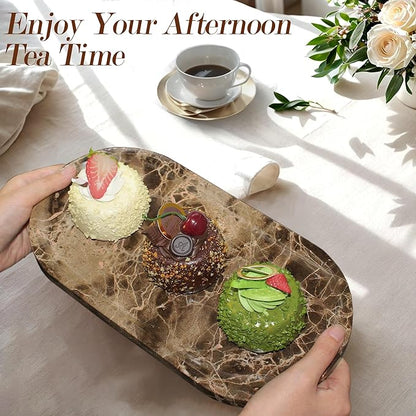 100% Real Natural Marble Tray for Bathroom, Luxury Dark Brown Stone Vanity Tray, Decorative Oval Trays for Countertop Storage, Organizer, Vanity, Dresser, Kitchen, Home Decor, 11.8" x 6", Brown