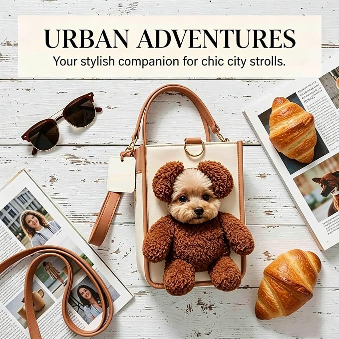 Teddy Bear Dog Carrier Bag, Teddy Carrier Bag for Dogs and Cats, Portable PU Leather Shoulder Tote with Plush Ears, Portable Convenient，White Brown Color Scheme