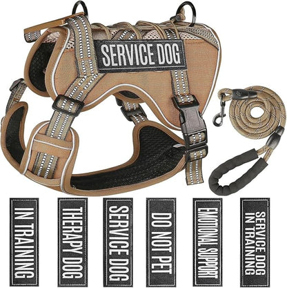 Service Dog Tactical Vest Harness and Leash Set Medium Sized Dog Emotional Support- Tactical Dog Harness Training Collar with Name (Khaki, M)