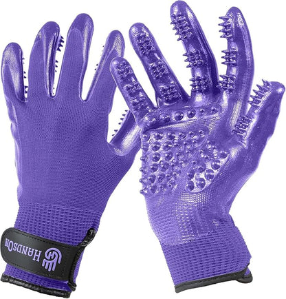 H HANDSON Pet Grooming Gloves - Patented #1 Ranked, Award Winning Shedding, Bathing, & Hair Remover Gloves - Gentle Brush for Cats, Dogs, and Horses (Purple, X-Large)