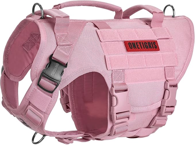 OneTigris Large Tactical Dog Harness, No Pulling Adjustable Dog Vest Harness, Heavy Duty Dog Harness with Handle, Large Hook and Loop Panels for Patch(Pink,M)