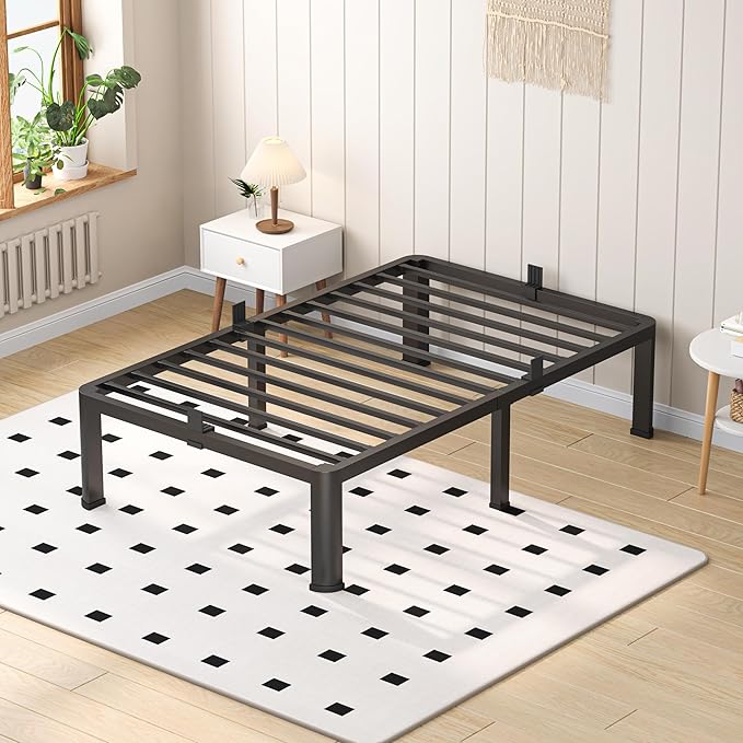 16 Inch Twin Heavy Duty 3500 lbs Bed Frame with Round-Corner Legs & Anti-Squeak Design – Quick Assembly Metal Platform, No Box Spring Needed