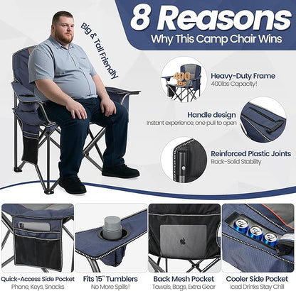 WEIDIORME 2 Pack Heavy Duty Oversized Camping Chair for Adults 400lbs w/Lumbar Support - Folding Chairs with Side Pocket, Cup Holder & Cooler Bag for Beach, Fishing, Lawn, Backyard Navy Blue